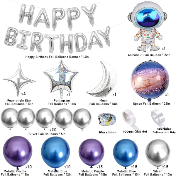 109PCS Ulkoavaruus Syntymäpäiväjuhlan Koriste Metalli Ilmapallo Garland Arch Kit Onnellinen Syntymäpäivä Galaxy Raketti Astronautti Kuu Tähtifolio Ilmapallot