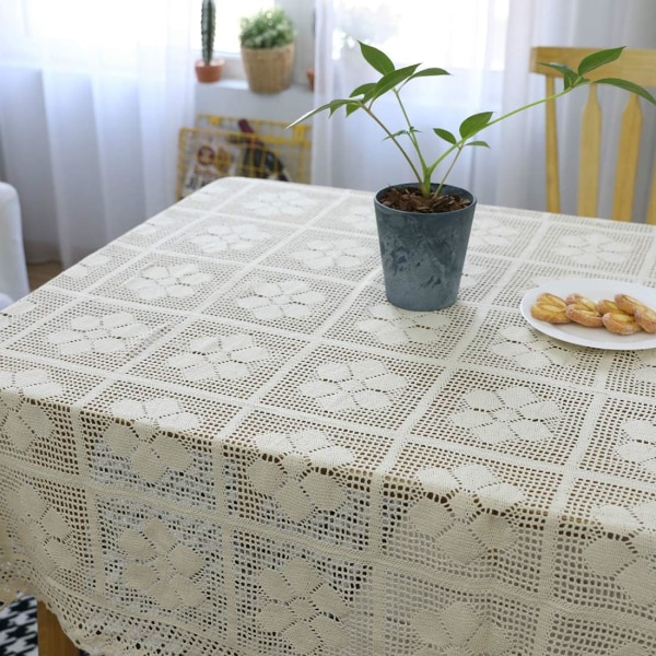 Rustik handgjord virkad blommig bordsduk Dekorativ blomma cover för köket Dining Bröllopsfest dekoration (beige, 55"x79")
