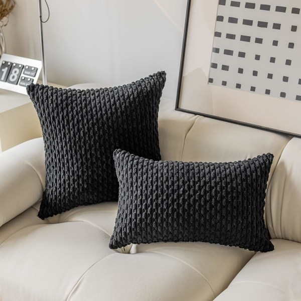 2 kpl Dekoratiivinen tyynynpäällinen, Kiinteä Raidallinen Korduroa Pehmeä Samettityynynpäällinen Sovalle, 50cm, 20 x 20 tuumaa, Musta