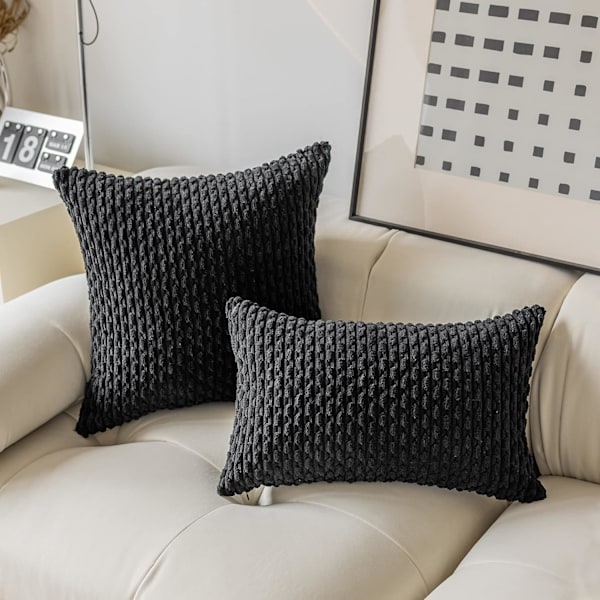 Kordkuddeöverdrag Randiga Kvadratiska Kuddfodral med Ränder Fodral för Sovrum Soffa Vardagsrumssoffa, Set med 2, 18x18 Tum, Svart