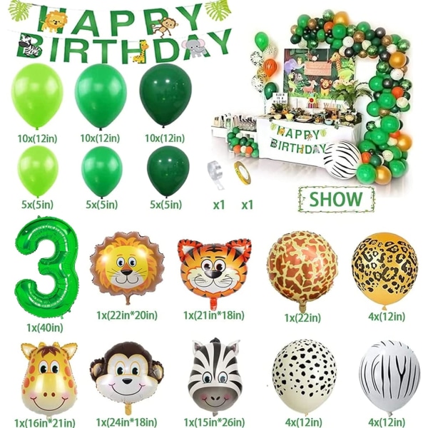Toddler Jungle Theme Balloon Arch Kit til 3-årig baby drengepige, grøn tillykke med fødselsdagen banner balloner krans, Safari - 64 stk.