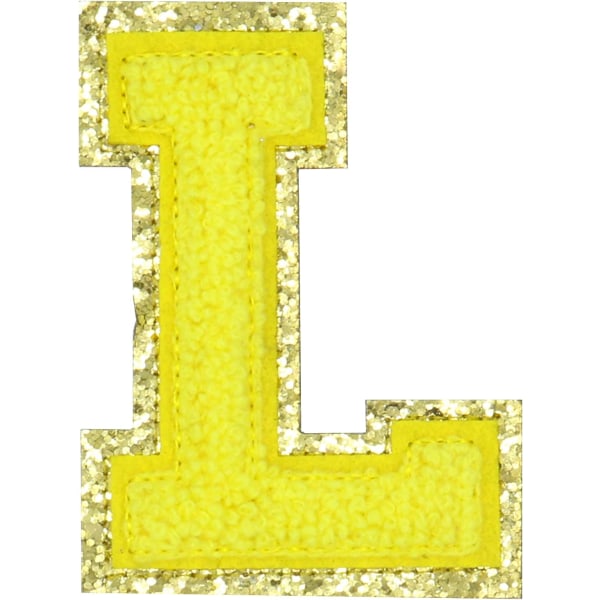 Engelsk bogstav L Stryg på reparationslapper Alfabetsyning Applikationer Tøjmærker, med guldglitterkant, selvklæbende bagklistermærke（Gul L）LYgul