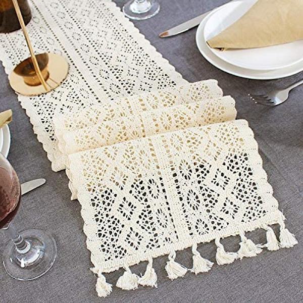 Beige bordslöpare rektangulär virkad spets elegant ihålig nätduk för rustik boho bröllop, bordsdekoration