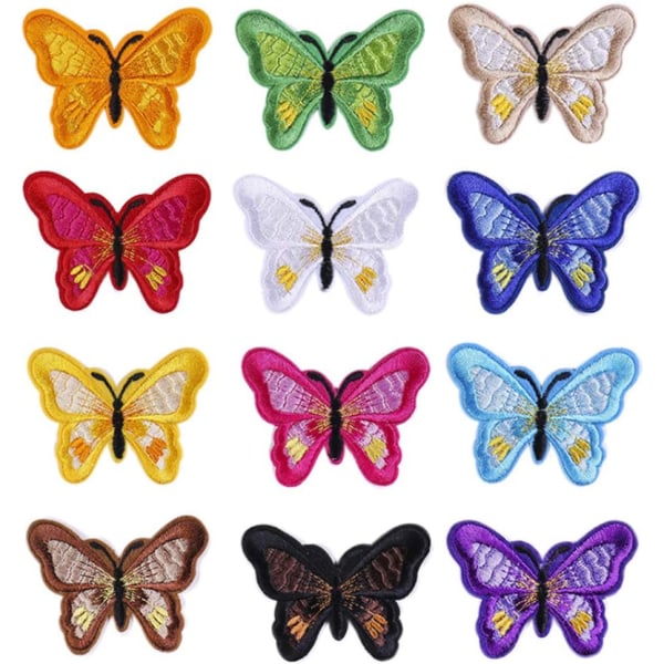 En pakke med 12 flerfargede sommerfuglbroderilapper for klistremerker med selv-broderimønster for jeans, jakker, vesker, hatter og håndverk.