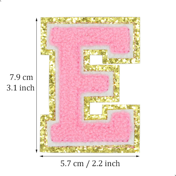 Engelske bogstav E stryge på reparationsplaster alfabet sy applikationer tøj badges, med guld glitter kant, klæbende bagside klistermærke（Pink E）EPink