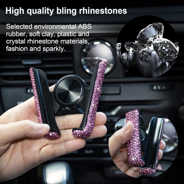 Bling mobiltelefonhållare, universal 360° justerbar biltelefonfäste med ytterligare en luftventilbas, inredning i kristall för bil - rosa