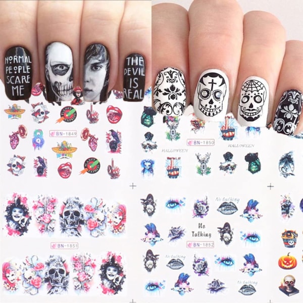 12 st Halloween Nail Art Stickers Anime Water Transfer Decals Clown Skull Bone Skräck Bloody Designs Goth Nail Decals Halloween Accessoarer