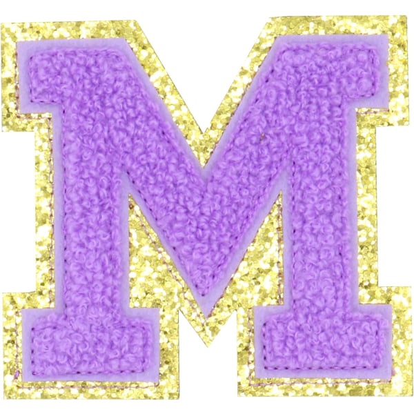 Engelska bokstaven M Stryk på reparationslappar Alfabetsömnad Applikationer Klädmärken, med guldglitterkant, självhäftande bakdekal（Lila M）MPurple