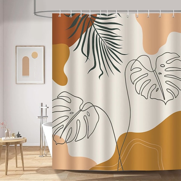 Abstrakt Boho Brun Badeforhæng 72 x 72 Tommer Mid Century Moderne Minimalistiske Blade Æstetisk Dekorativt Badeforhæng 12 Kroge