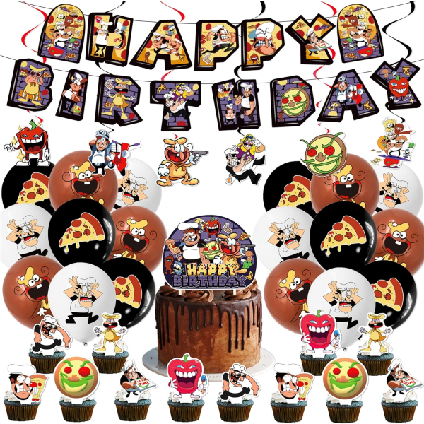 Pizza Game Fødselsdagsfest Dekoration Pizza Festartikler Inkluderer HAPPY BIRTHDAY Banner Balloner Kagepynt Cupcake Toppers