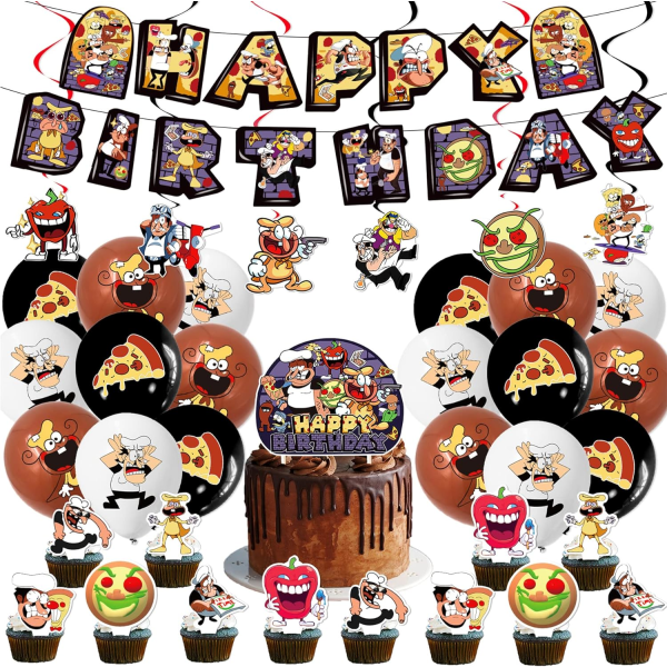Pizzaspel Födelsedagsfest Dekoration Pizza Festtillbehör inkluderar GRATTIS på födelsedagen Bannerballonger Cake Topper Cupcake Toppers