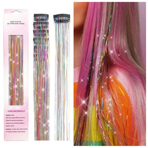 Clip in Hair Tinsel Kit, paket med 6 st Glitter Fairy Tinsel Hair Extensions 20 tums glänsande hår glitter Värmebeständig (färgglad)