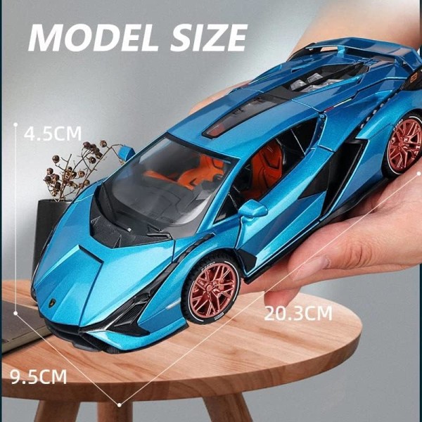 Trekk tilbake lekebiler med lys og musikk, legering Diecast Lamborghinis SIAN Hyper-simulering 1:32 skala elektronisk bil, Mini-kjøretøy (blå)