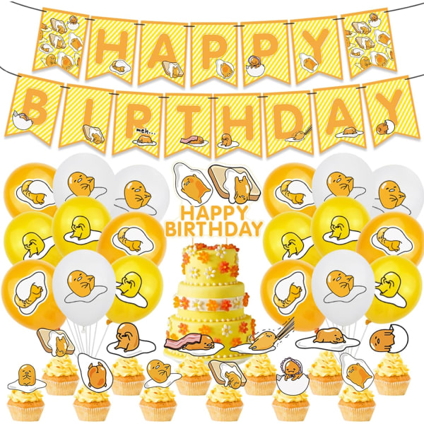 32 PCS Gudetama Bursdagsfestutstyr Fest Spesialsett Gudetama Kaketopper Cupcake Topper Gudetama Bursdagsfestdekorasjoner Banner Ballonger