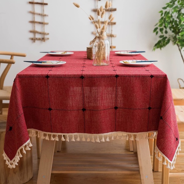 Brodert duk i lerret til kjøkkenbord, rustikk bondegårdsduk til utendørsfest (rød, firkantet, 55 x 55 tommer)