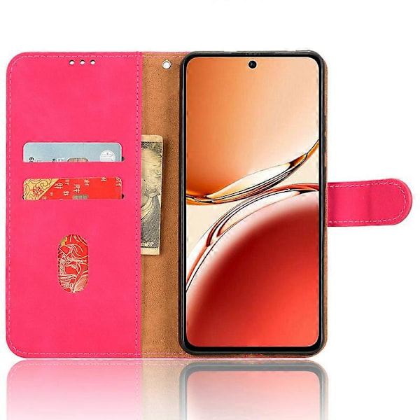 For Oppo Reno12 F 5G Deksel Hudfølelse Lær Lommebok Folio Flip Anti-Fall Telefondeksel Rose