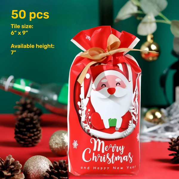 50 PCS Christmas Candy Bag Set:Merry Christmas Treat Bags Plastic Drawstring Gift Bags for Birthday Party Snack Wrapping