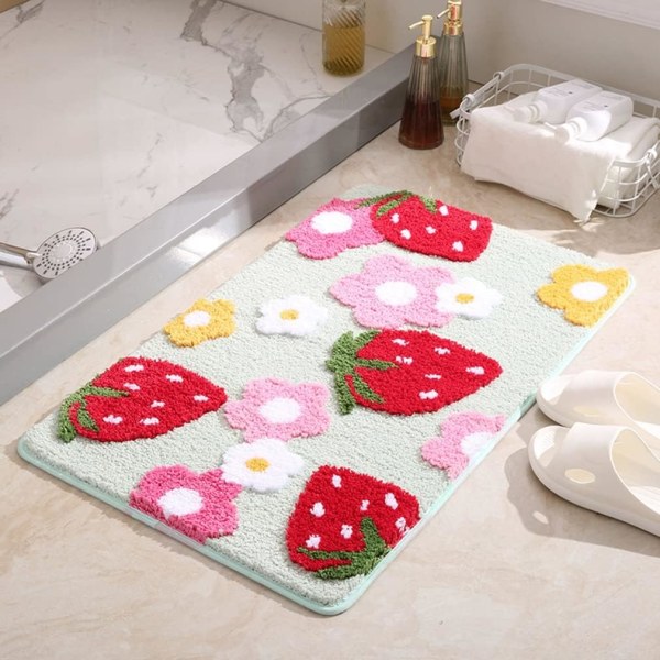 Soft Cozy Strawberry Bathroom Rugs Bath Mat Cute Doormat Non Slip Absorbent Washable Shaggy Bedroom Durable Thick Plush  17.7" X 25.6"