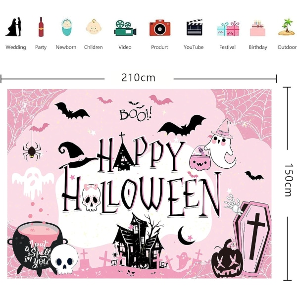 7×5FT Rosa Halloween-bakgrunder för fotografering Läskig Skelett Pumpa Halloween Fotobås Spöke Fladdermus Spindel Kyrkogård Banner