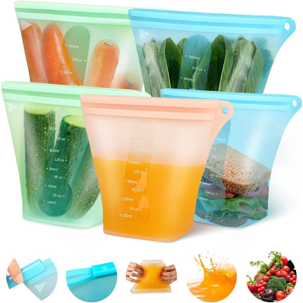 Återanvändbar silikonmatförvaringspåse, läckagesäker dragkedjeförvaring, återanvändbar smörgåspåse (5-pack)