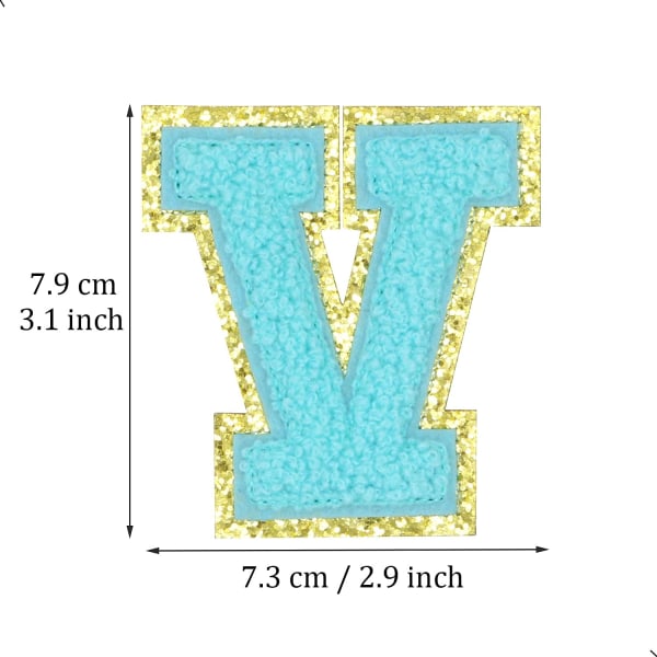 Engelske bogstav V stryge på reparationsplaster alfabet sy applikationer tøj badges, med guld glitter kant, klæbende bagside klistermærke（Blå V）VBlå