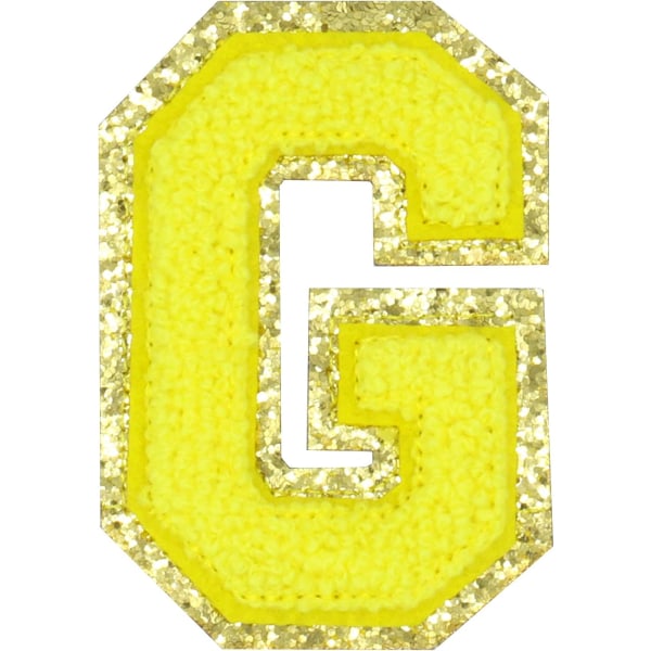 Engelsk bokstav G Stryk på reparasjonslapper Alfabetsøm Applikasjoner Klesmerker, med gullglitterkant, selvklebende klistremerke bak（Gul G）Gul