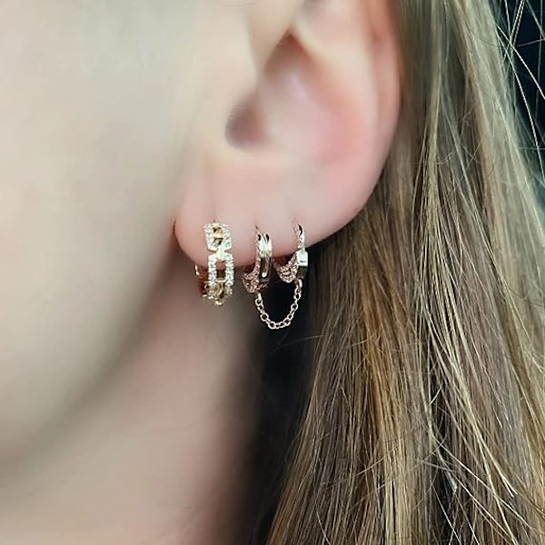 14K forgyldt Triple Huggie Illusion Stud Øreringe | Dobbelt Huggie Hoop Øreringe til ét hul | Guld Hoop Øreringe til kvinder