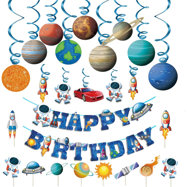 Barnrymd Födelsedagsfestdekorationer - Blå Astronaut Rymdskepp Tema Banner Hängande Solsystem Spiral Planet Kort Tårta Insats Tillbehör Set