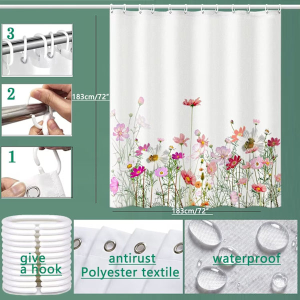 Blommig duschdraperi, Gesar blommig duschdraperi -72 \"B x 72\" L, med 12 krokar, fållad viktad badkarsduschdraperi