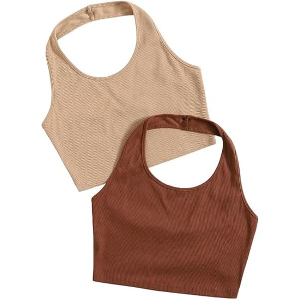 2-pak basisk rib-strikkede crop-halter top uden ærmer (LARGE)