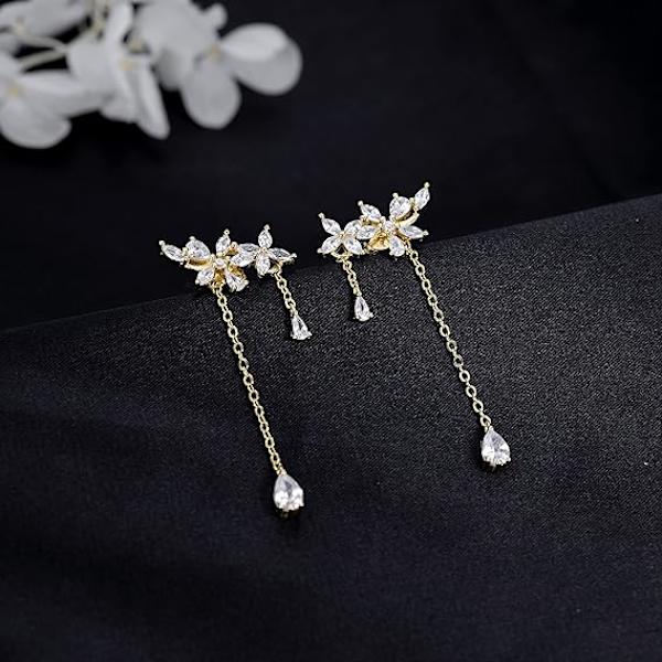 925 Sterling Sølv CZ Blomster Wrap Øreringe Dangle Kæde til Kvinder Piger Elegant Dangling Øreringe