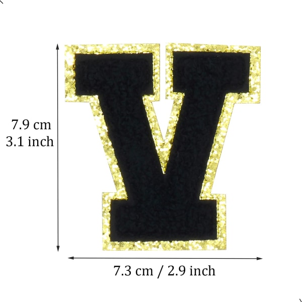 Engelska bokstaven V Stryk på reparationslappar Alfabetsömnad Applikationer Klädmärken, med guldglitterkant, självhäftande bakdekal (Svart V) VBlack