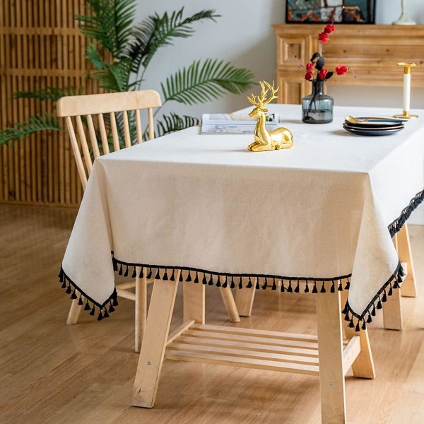 Rustik linneduk med tofsar, dammsäker bordsdukar för kök, matsal, fest, semester, jul, buffé (beige, 55\"x55\")