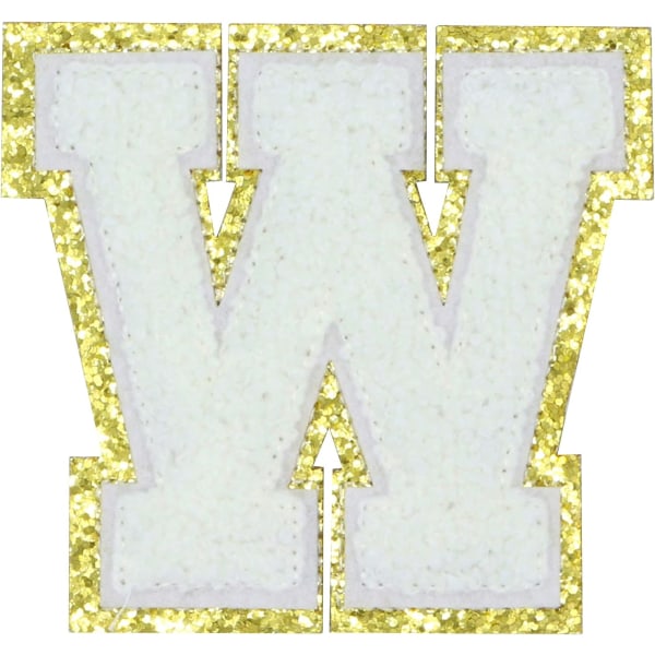 Engelska bokstaven W Stryk på reparationslappar Alfabetsömnad Applikationer Klädmärken, med guldglitterkant, självhäftande bakdekal（Vit W）WWvit