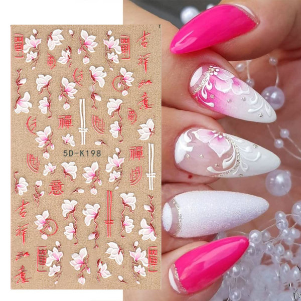 Blomster Nail Art Klistremerker Akryl 5D Vår Rosa Kirsebærblomster Hvit Blomst Negleklistremerker Selvklebende Negledekorasjoner Tilbehør (3 Ark)