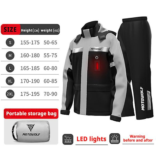 Motorcykel Regnjacka Byxor LED Varning Regnrock Delad Dräkt Reflekterande Vattentät Keps Ogenomtränglig För Ridning Cykling Motocross Black Grey LED M