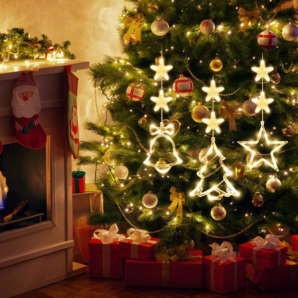 3 st julfönsterbelysningsdekorationer, batteridrivet julfönster hängande varmvitt upplyst trädklocka Stjärnformad LED-suglampa