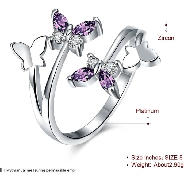 Women's Adjustable Size 925 Sterling Silver Butterfly White Birthstone CZ Butterfly Shape Purple Austrian Crystals Rings