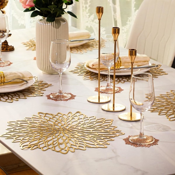 6 par roséguld bordstabletter & glasunderlägg 12 st metallisk pressad vinyl för matbordsmattor Rund blommig laddare dekoration för bröllop Alla hjärtans dag