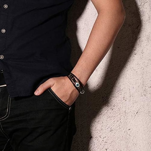 Heyone 2 stk. sæt Multi-Layer Evil Eye læderarmbånd til mænd Braides reb armbånd beskyttelse smykker