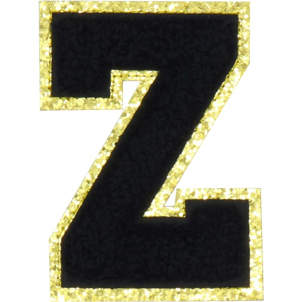 Engelska bokstaven Z Stryk på reparationslappar Alfabetsömnad Applikationer Klädmärken, med guldglitterkant, självhäftande bakdekal（Svart Z）ZBlack