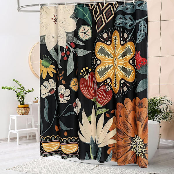 Boho Blommig Duschdraperi, Tropiska Löv Tyg Duschdraperier för Chic Elegant Badrumsinredning, Modern, 72x72