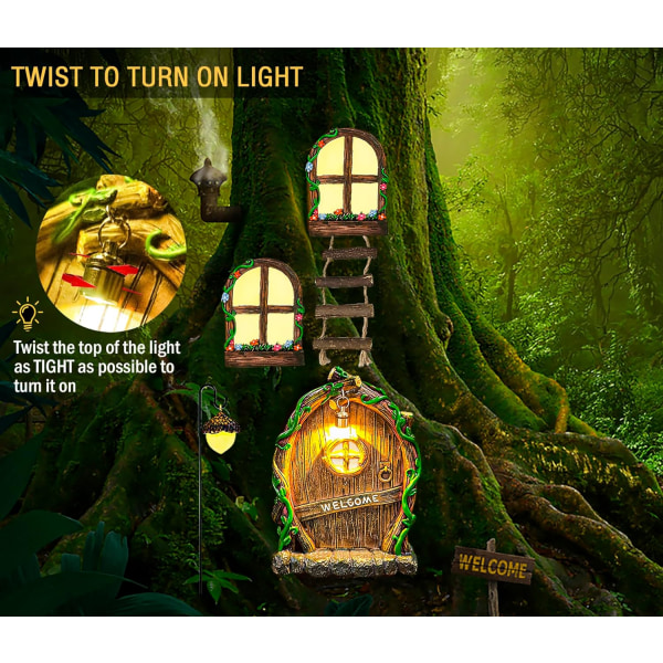 Fairy Dörr och fönster för trädstam med ljus, miniatyr Gnome Hemglöd i mörkret, Fairy Garden Outdoor Accessories Yard Skulptur