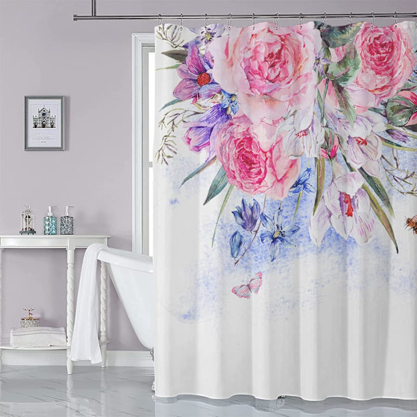 Pink Leaf Bruseforhængssæt, Æstetiske Blade Badeværelse Dekorative 72 X 72 Tommer Polyester Vandtæt Stof Badeforhæng med Kroge