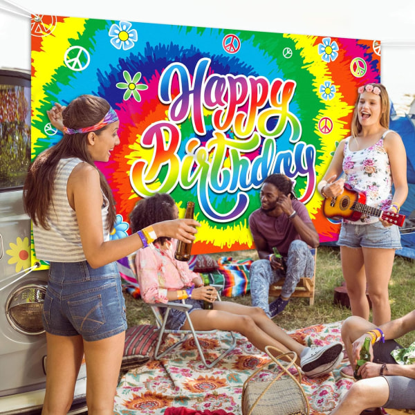 Tie Dye Födelsedagsbann 60-tal Tema Grattis på Födelsedagen Bakgrund?Hippie Födelsedagsfest Dekorationer Groovy Skylt Regnbåge, 70.8 x 43.3 Tum