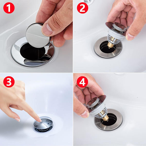 ? 34-38mm VASK I RUSTFRITT STÅL, Universal Pop up Vask Stopper med 2 Silikon Tetninger, Avløpsfilter med Anti-tett Sil