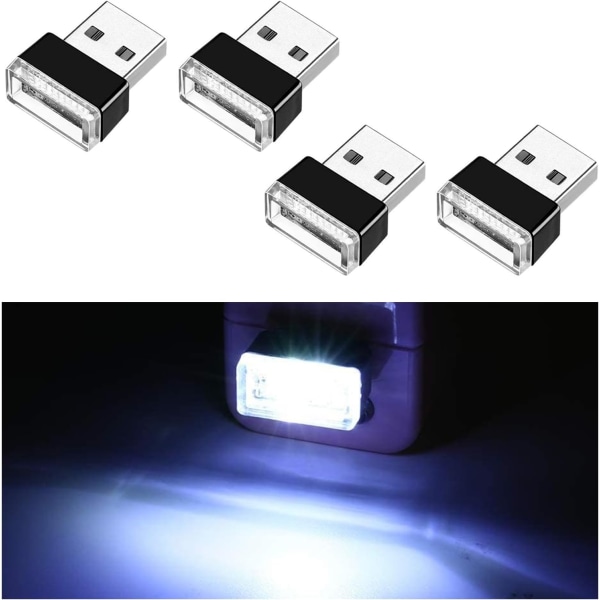 4 stk. USB LED bilindvendig atmosfærelampe, bærbar mini LED nattelys, plug-in USB-interface bagagerumsomgivende belysningssæt (hvid)