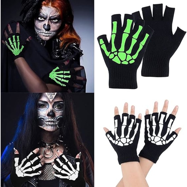 2 Pairs of Halloween Skeleton Bone Unisex Gloves New Punk Fingerless Gloves Glow in The Dark Stretch Knitted Winter Mittens , Black