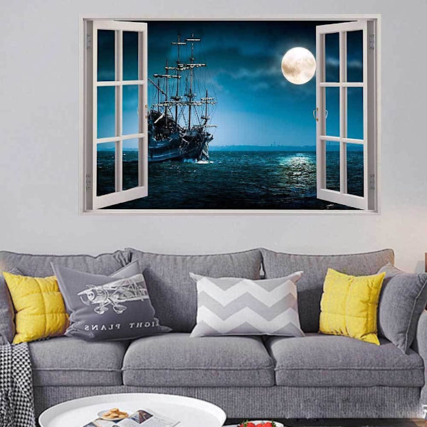 KATEA 3D Falska fönster väggklistermärke, avtagbar piratskeppsbåt Ocean Moon Faux Windows väggdekaler, 23,6\"x17,3\" - -