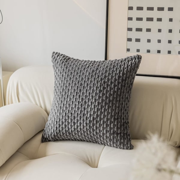 Set med 2 mjuka randiga sammetskuddfodral 16x16 tum, kuddfodral för soffa 40x40cm, 16 x 16 tum, mörkgrå